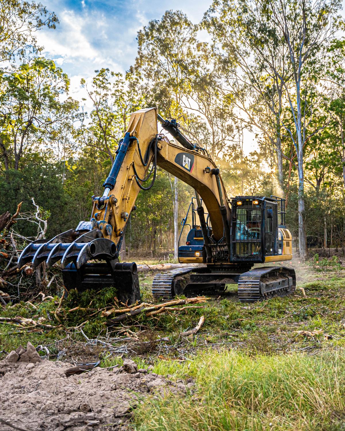 Tree Eaters CAT excavator with grapple attachment clearing timber on a South East Queensland block