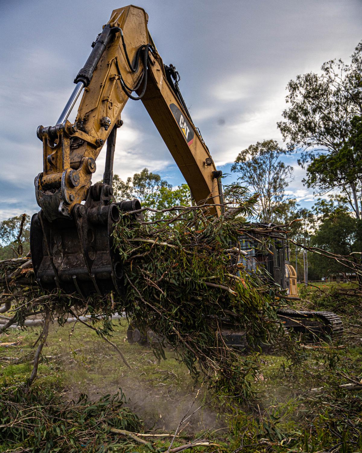 Excavator grapple lifting cleared vegetation