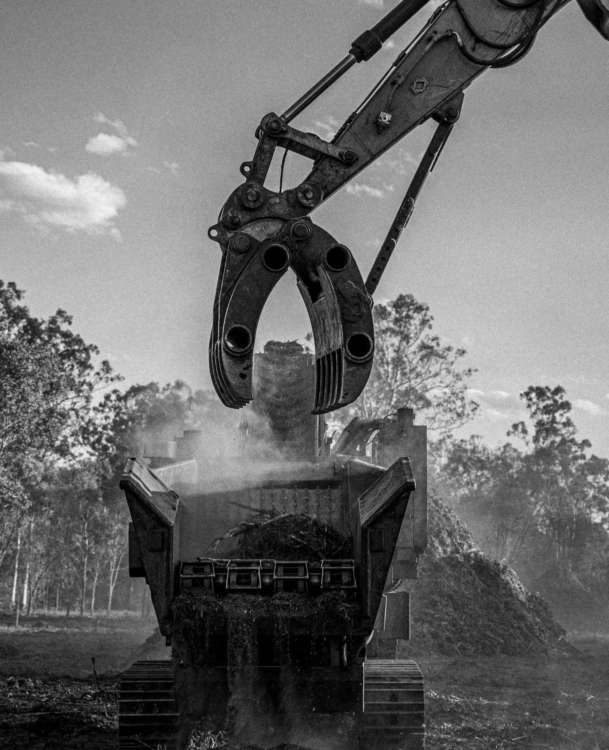 CAT excavator working alongside a mulching grinder