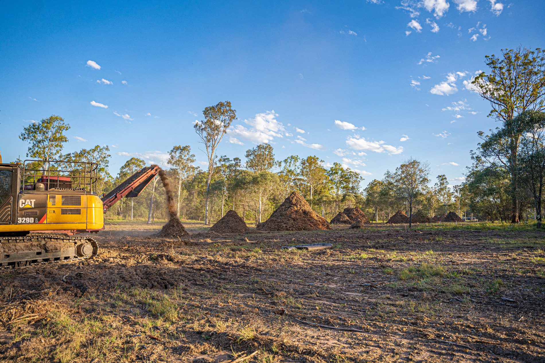 Rows of finished mulch piles across a cleared Tree Eaters site