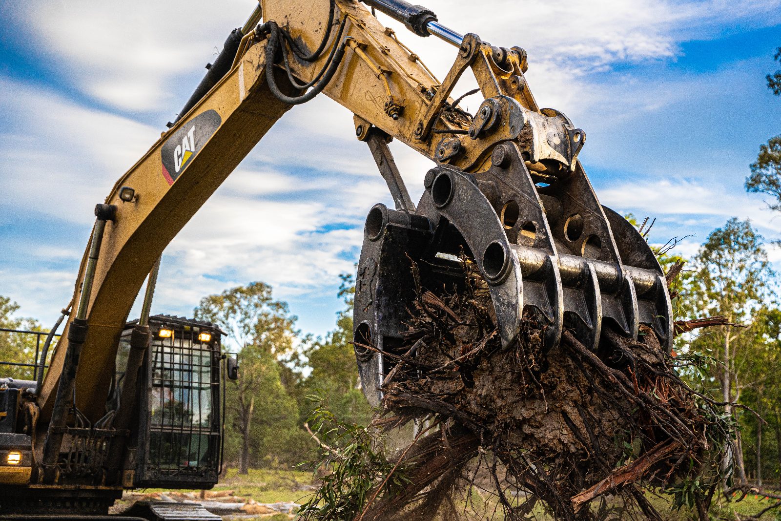 Excavator grapple lifting a root ball