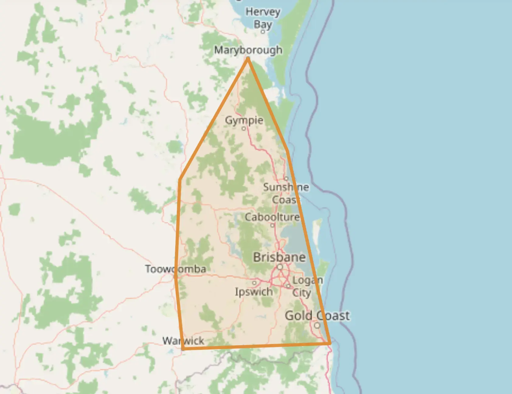 Map of the Tree Eaters service area across South East Queensland, based at Logan Village