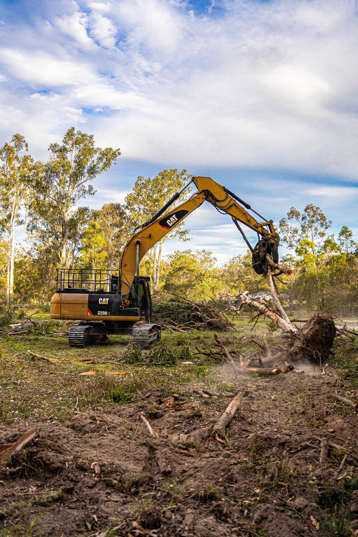 Excavator pulling a felled tree upright